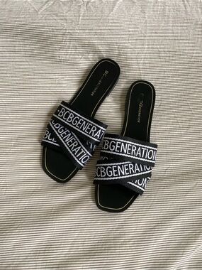 BCBGeneration Black and White Logo Slide Sandals